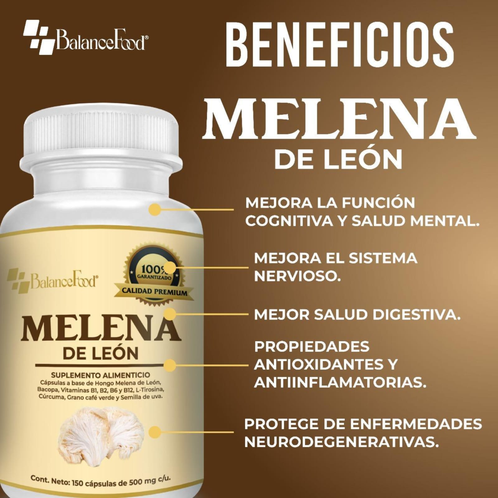 Hongo Melena de León potenciado con 9 ingredientes - 150 Cápsulas