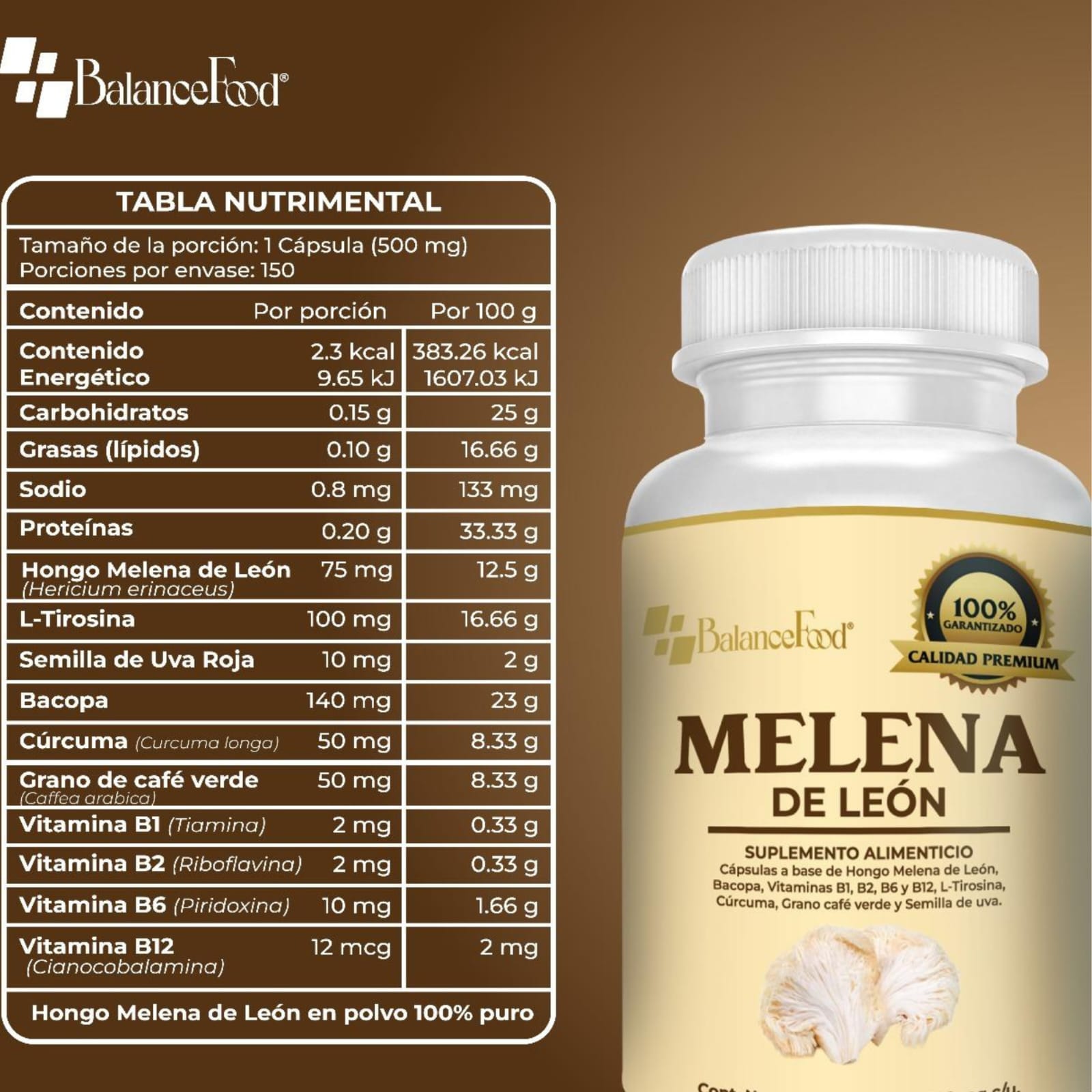Hongo Melena de León potenciado con 9 ingredientes - 150 Cápsulas