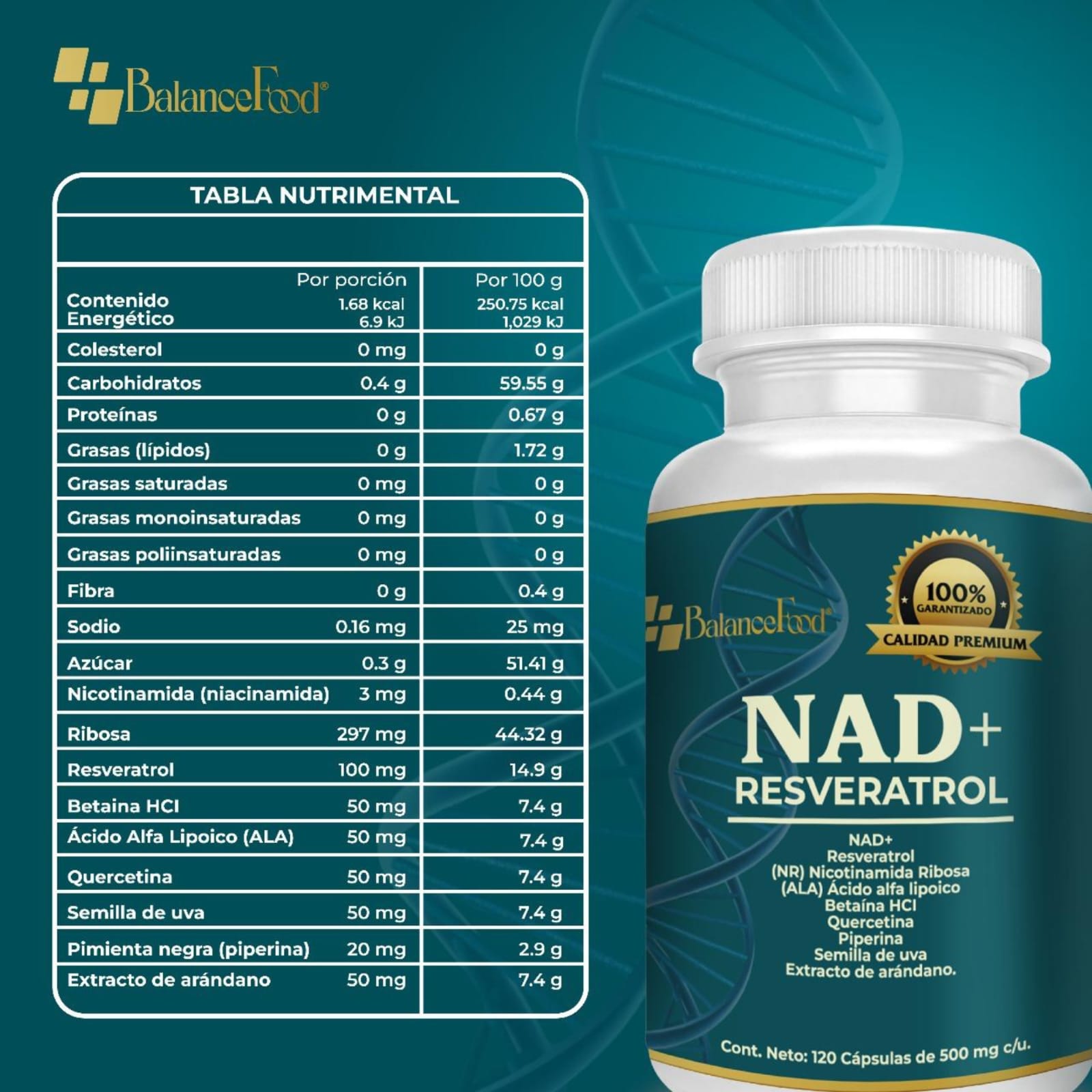 NAD+, Resveratrol potenciado con 7 ingredientes - 120 Cápsulas